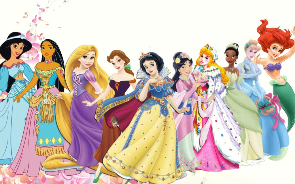 Vibrant Disney Princess wallpaper with Jasmine Pocahontas Rapunzel Belle Snow White Mulan Aurora Tiana Cinderella Ariel and floral accents