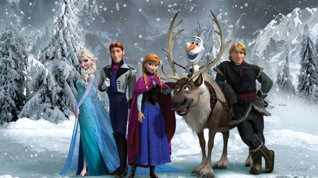 Frozen's Majestic Winter Wonderland featuring Anna, Elsa, and Friends amidst a Moose Adventure: HD Disney Wallpaper with Firefox Theme