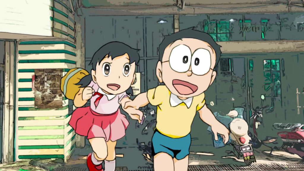 The Adventurous Escape: Shizuka and Nobita Evade a Tower in this Hyperrealist Artwork Wallpaper