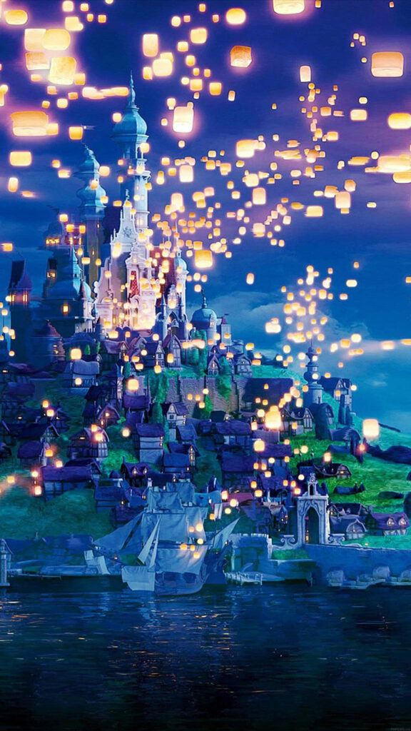 Magical Castle Wallpaper with Floating Lanterns for Phone Background