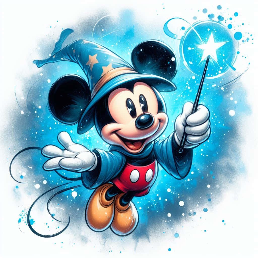 Magical Fantasia wallpaper with Mickey Mouse Sorcerer casting glowing star spell blue background