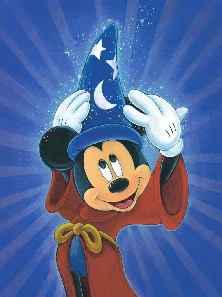 Fantasia wallpaper with Mickey Mouse as Sorcerer’s Apprentice in red robe and blue hat