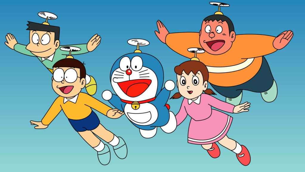 Cute Take-copter Sends Doraemon Characters Soaring through the Gradient Blue Sky - A Whimsical Doraemon Background Image Wallpaper