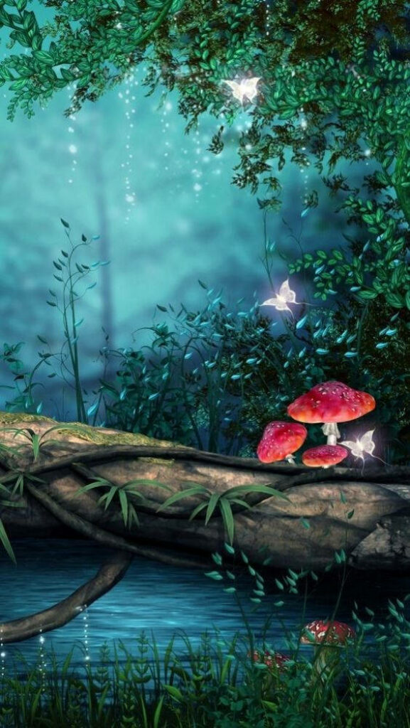 Magical Forest Wallpaper: Ethereal Light & Red-Capped Mushrooms
