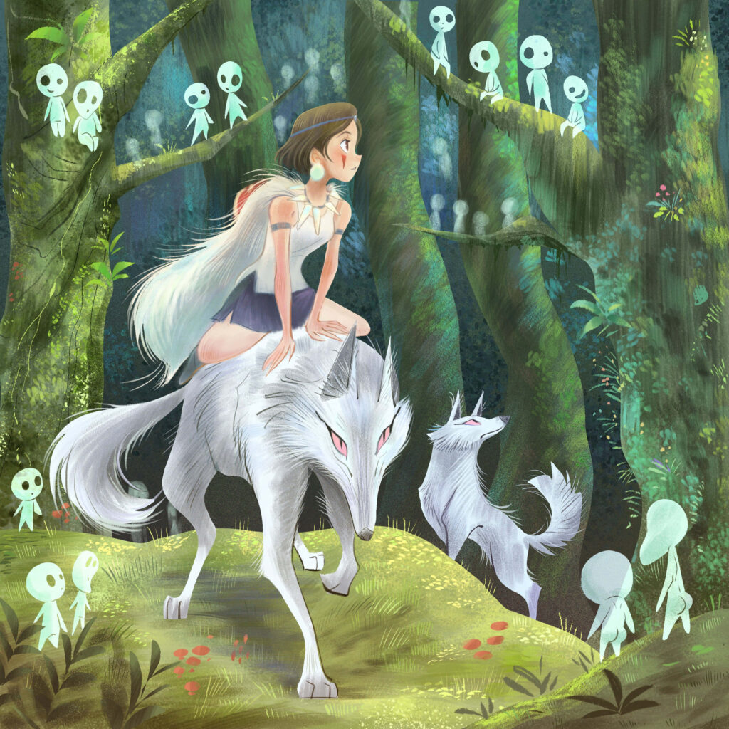 Mystical Forest Wallpaper: Girl Riding White Wolf with Enchanted Spirits