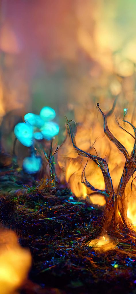 Magical forest wallpaper with bioluminescent turquoise mushrooms and fiery gold flaming tree background