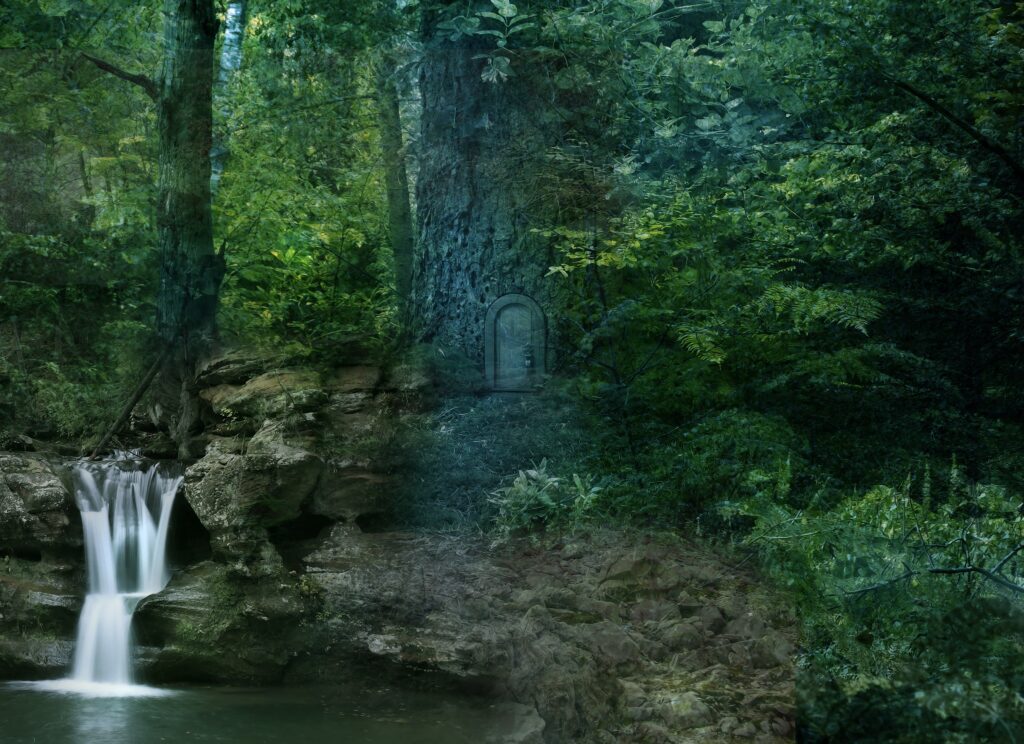 Lush green forest with vibrant trees waterfall over rocks and mysterious ancient tree door wallpaper
