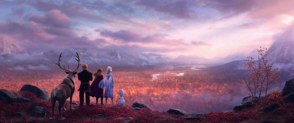Frozen 2 wallpaper with Anna Elsa Kristoff Sven Olaf on cliff overlooking autumn valley sunset