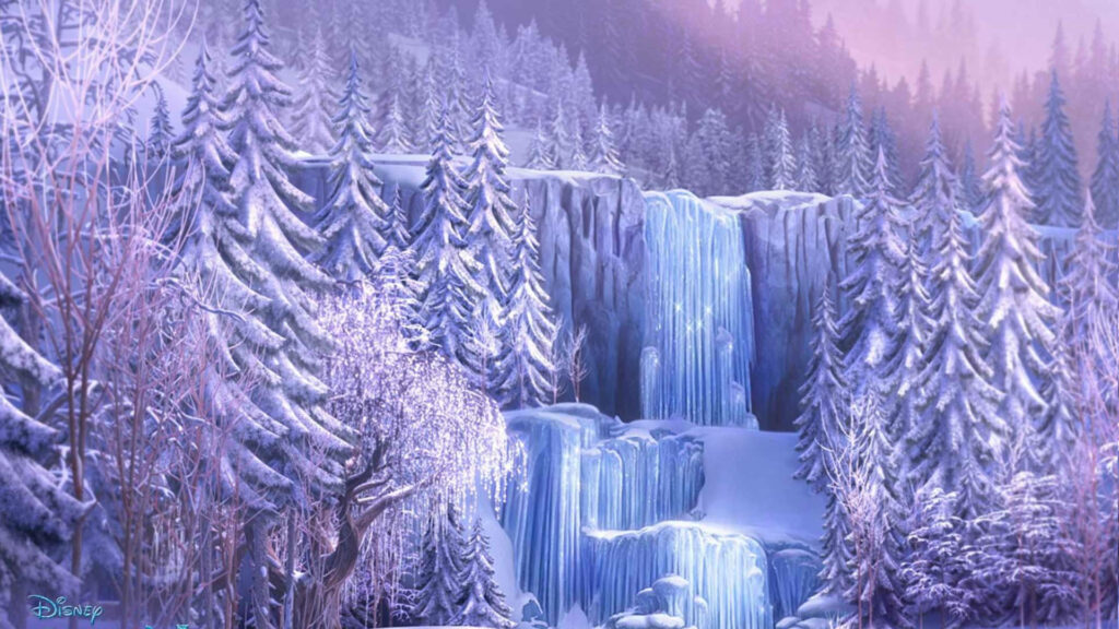 Disney Frozen CGI snowy forest with frozen waterfalls North Mountain winter wallpaper background