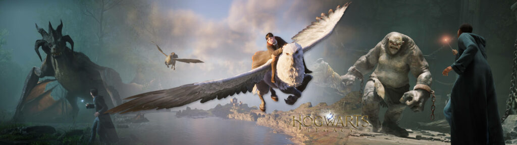 Magical Journey: Hogwarts Legacy's Hero Soaring on a Hippogriff Amidst the Wonders of Hogwarts Lake, Witnessing Fierce Encounters with Trolls and Dragons! Wallpaper