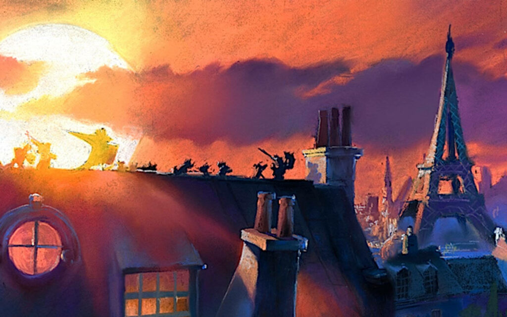 Vibrant Ratatouille Wallpaper: Gusteau's Sunset Over Paris Rooftops