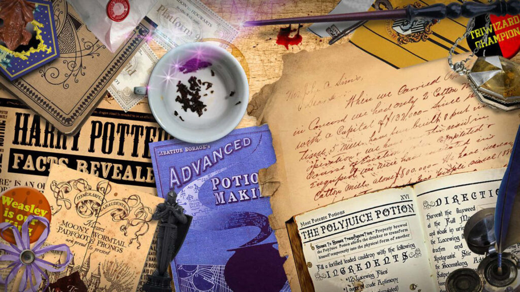 Magical Harry Potter Desk Collage Wallpaper for Fans
