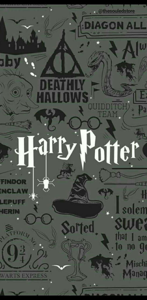 Magical Harry Potter Collage Wallpaper with Icons & Hogwarts Silhouette