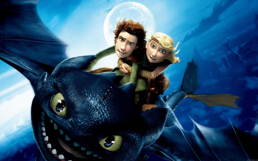 Enchanting Hiccup & Astrid Riding Toothless Wallpaper Under Moonlit Sky