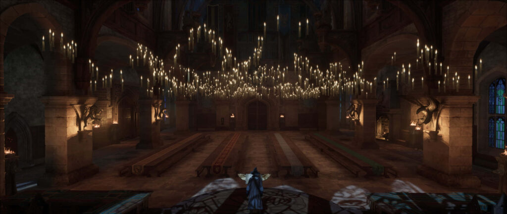 Great Hall of Hogwarts wallpaper with floating candles wooden tables and stone pillars magical glow