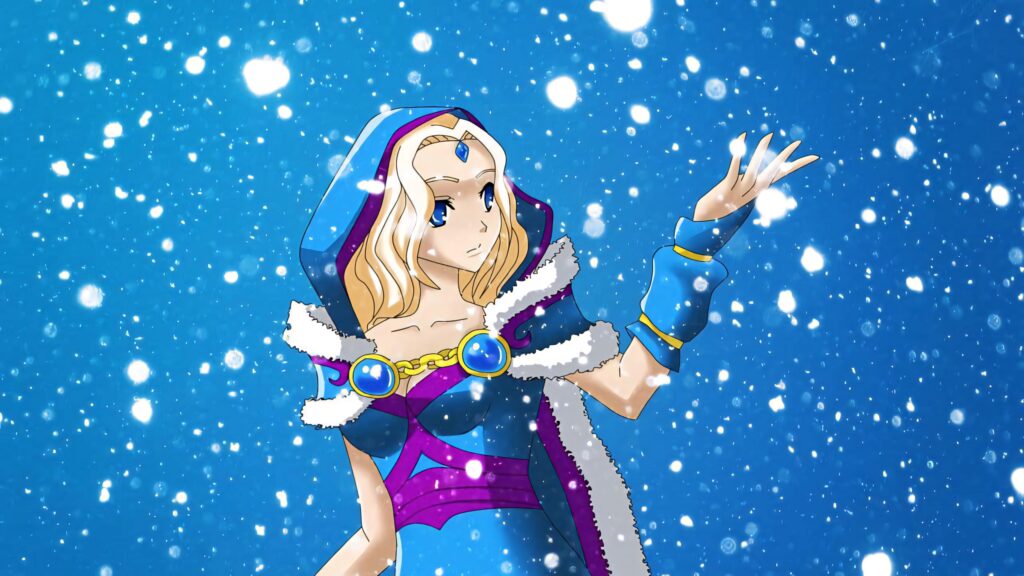Anime ice crystal maiden summoning snowflakes with vibrant blues and sparkling winter magic background Wallpaper