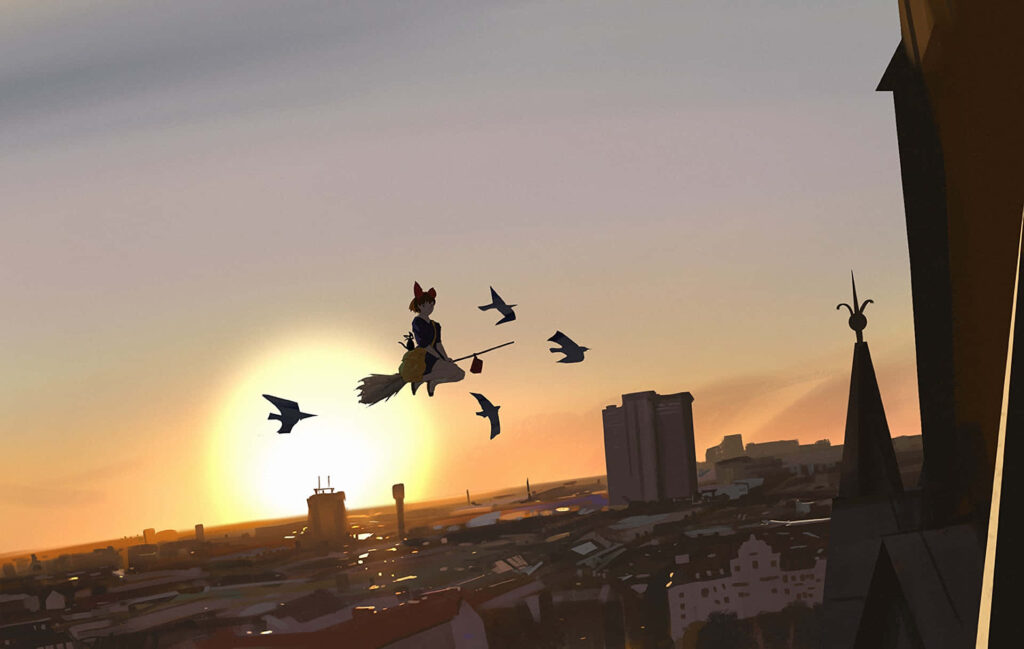 Magical Sunset: Kiki & Jiji Flying Over the City - Wallpaper Background