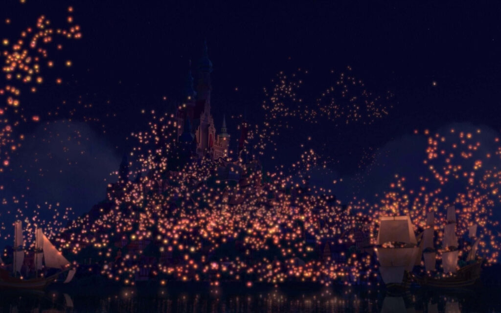 Enchanting Glowing Lanterns Over Serene Castle - Tangled Wallpaper