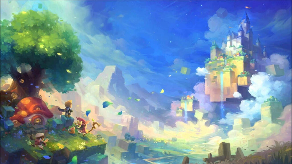 Enchanting Maplestory 2 World: Majestic Castles and Dreamy Clouds in Fantasy Painting Wallpaper
