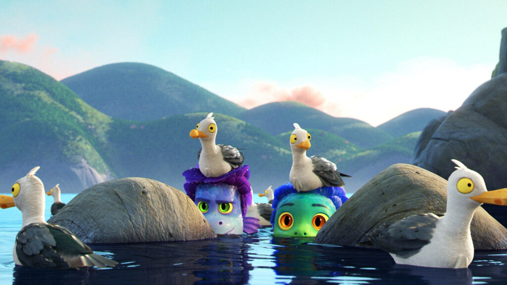 Enchanting Adventure: Playful Pixar Characters Dive into the Sparkling Lake in 'Luca' Wallpaper
