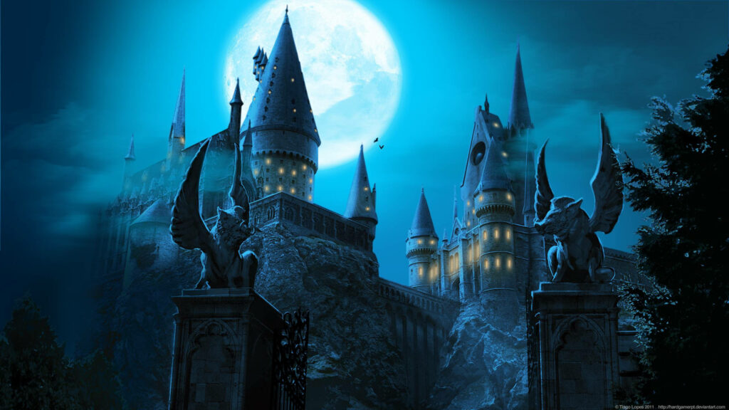 Magical Moonlit Nights at Hogwarts: Animated Fan Art Wallpaper of Harry Potter's Iconic Castle