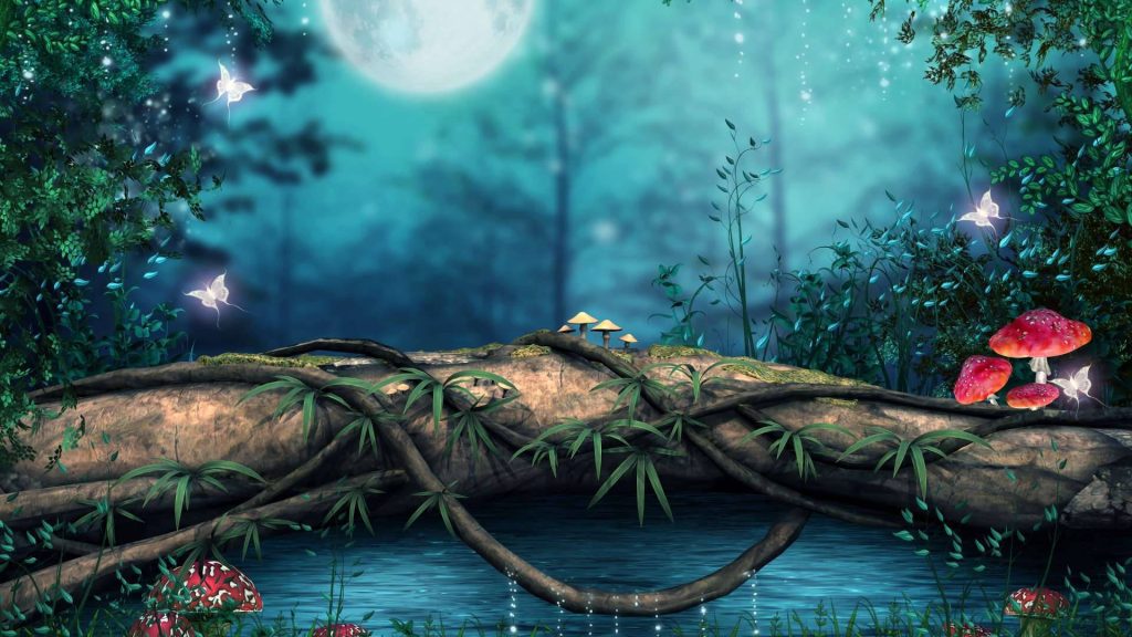 Whimsical log bridge over moonlit forest stream with glowing mushrooms and butterflies wallpaper