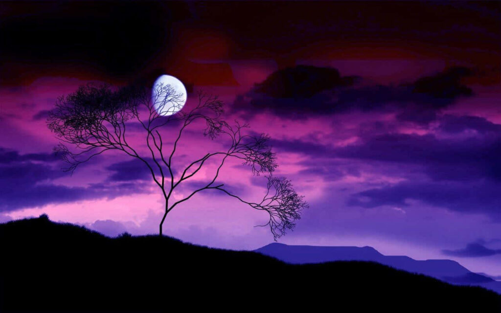 Dreamy Moonlit Landscape Wallpaper: Tranquil Purple & Pink Sky
