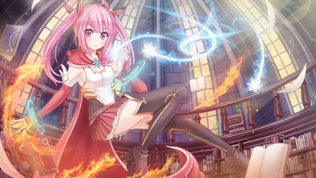 Pink-haired magical girl casting spells in glowing fantasy library with flames and blue magic Wallpaper
