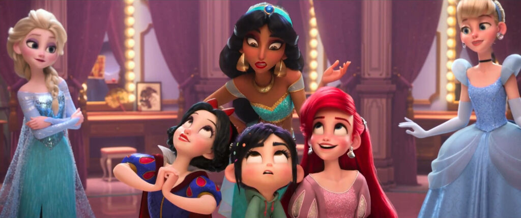 Vanellope with Disney Princesses Elsa Jasmine Snow White Ariel Cinderella cozy backstage lounge wallpaper