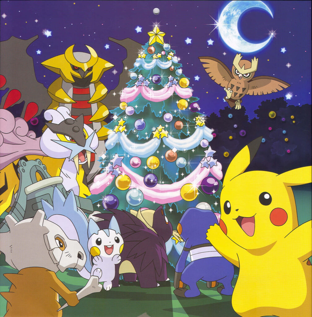 Festive Pokémon Holiday Wallpaper: Cheerful Scene Under Starlit Sky