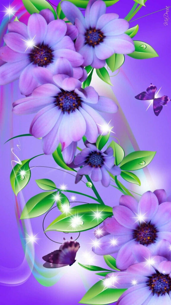 Vibrant Purple Flower & Butterfly Wallpaper Against Glittery Sky