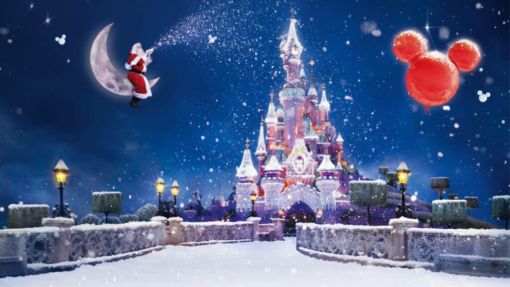 Santa on Moon with Disney Castle: Magical Winter Wonderland Wallpaper