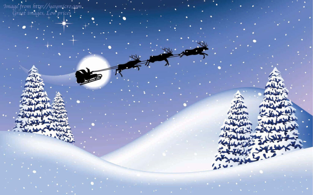 Magical Winter Scene: Santa's Sleigh Over Snowy Landscape at Night Wallpaper