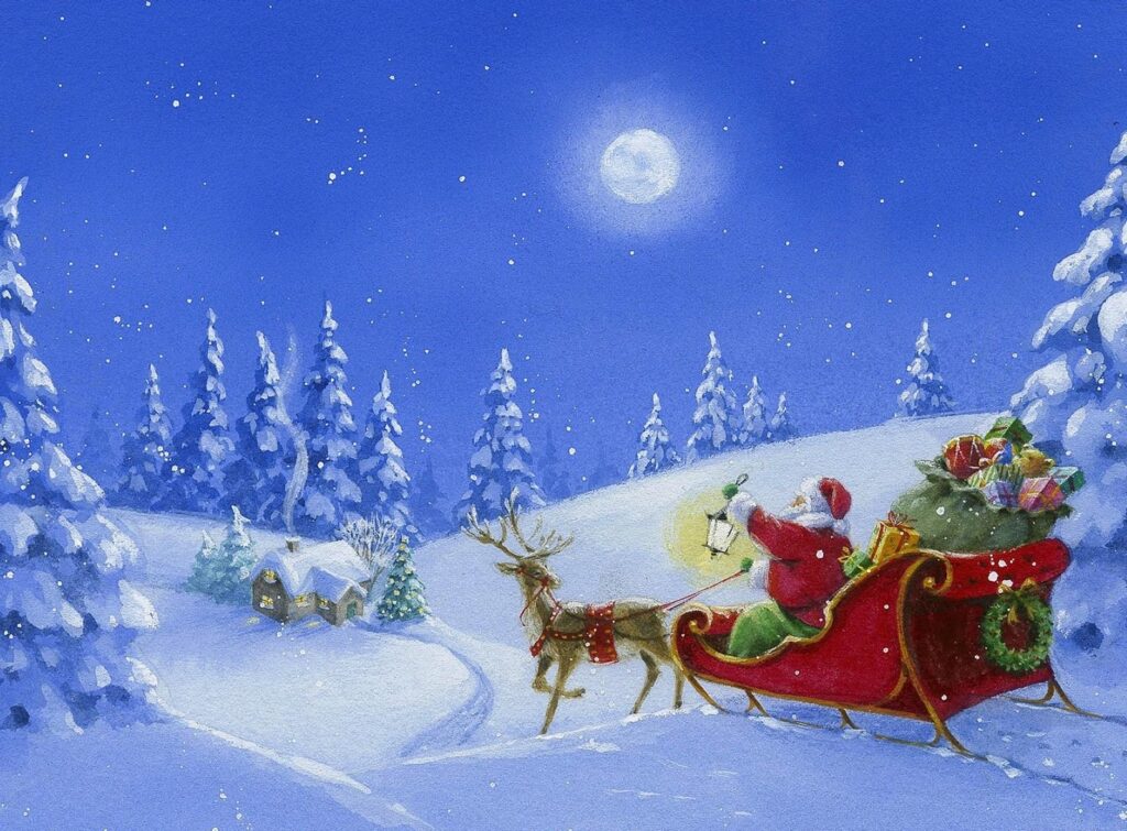 Magical Santa Sleigh Wallpaper: Cozy Winter Night Scene