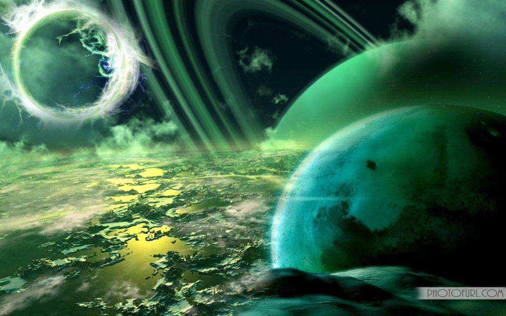 Vibrant emerald alien landscape under glowing cosmic portal and massive ringed teal planet sky Wallpaper