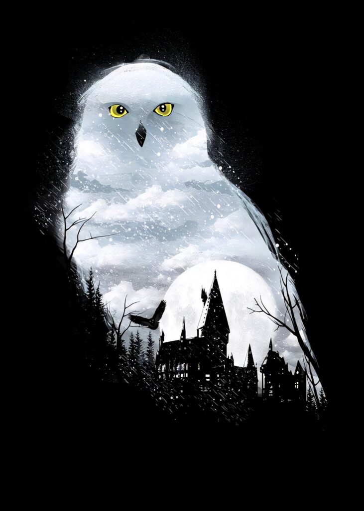 Magical Snowy Owl Wallpaper: Ethereal Castle & Moon Fantasy