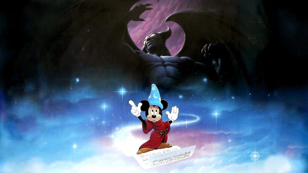 Sorcerer Mickey on floating music with glowing blue magic and dark Chernabog in purple sky Wallpaper