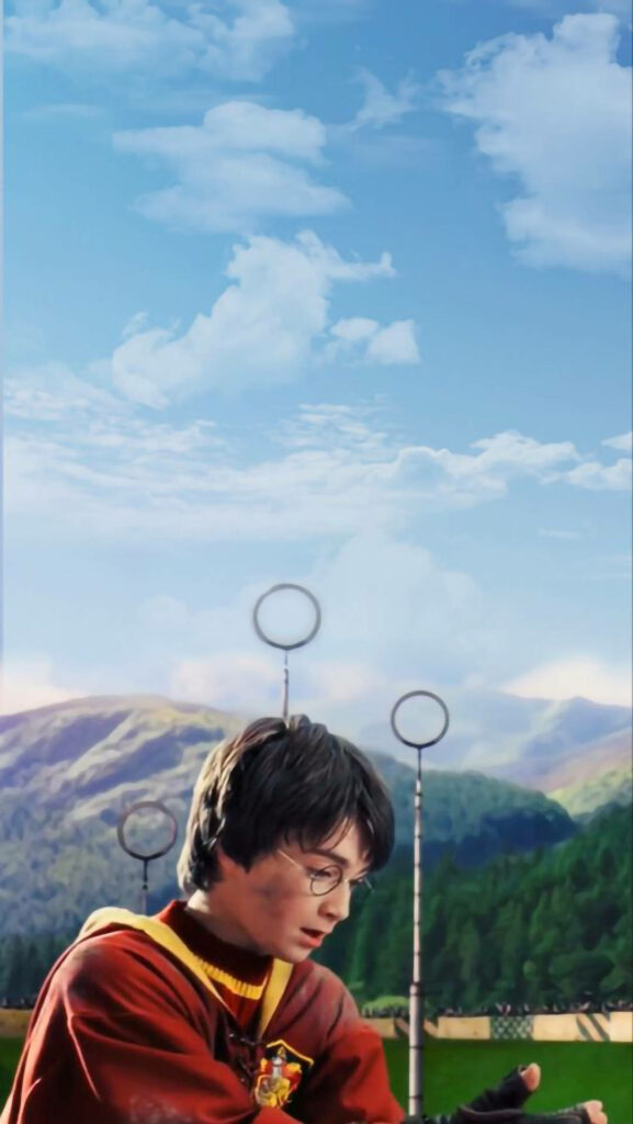Enchanted in Gryffindor Colors: Captivating Quidditch Moment with Startled Harry Potter Wallpaper