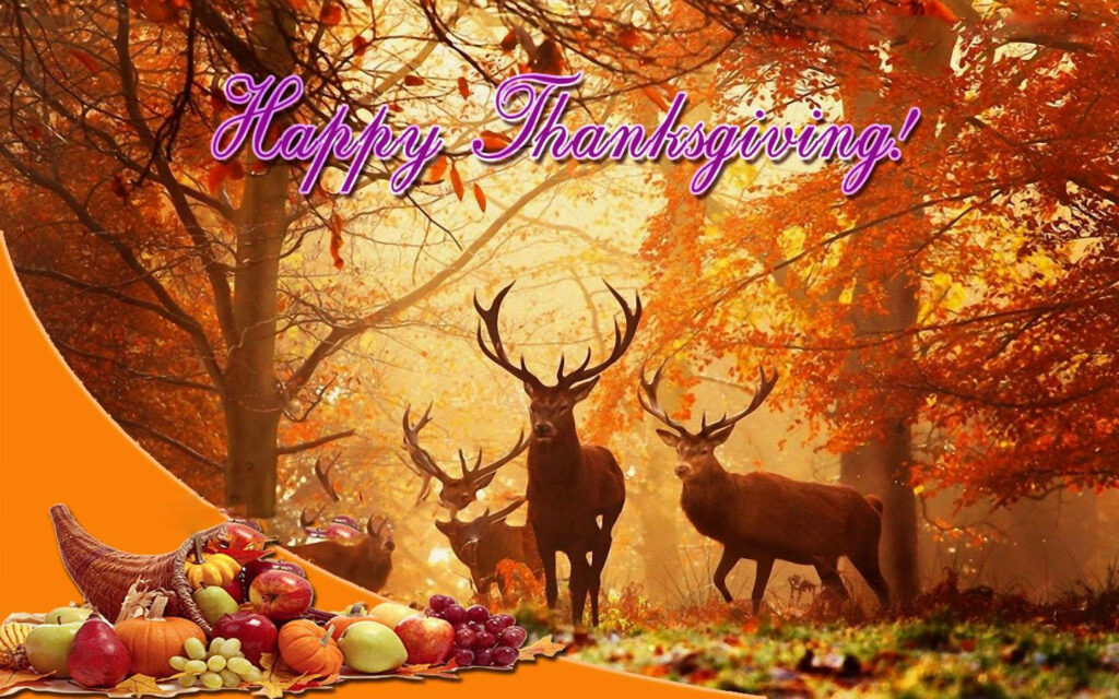 Thanksgiving forest wallpaper with majestic deer vibrant autumn leaves and festive cornucopia fruits