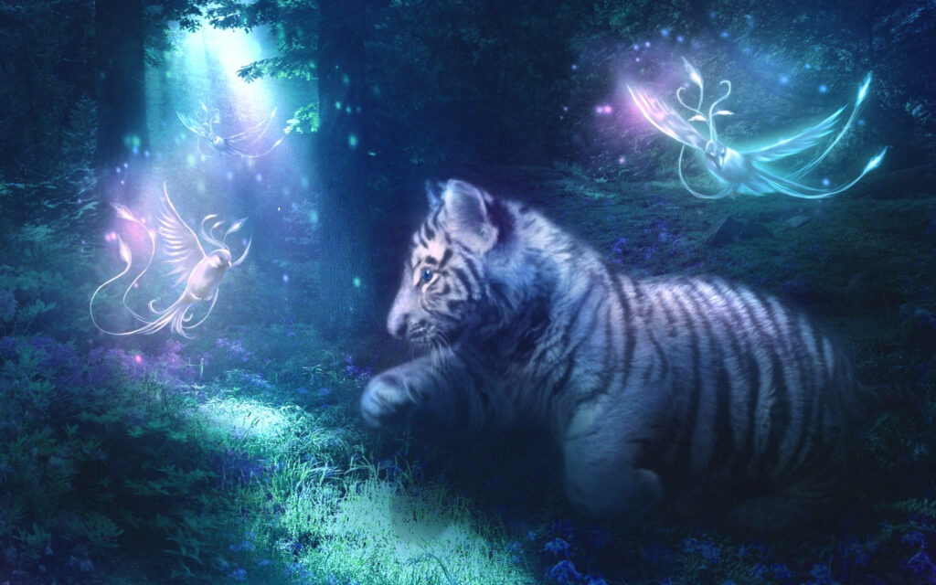 Magical Tiger Cub Wallpaper: Ethereal Forest Glow Scene