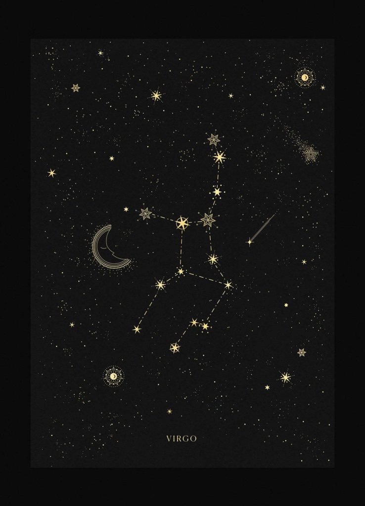 Virgo zodiac constellation wallpaper gold stars crescent moon minimalist black background elegant