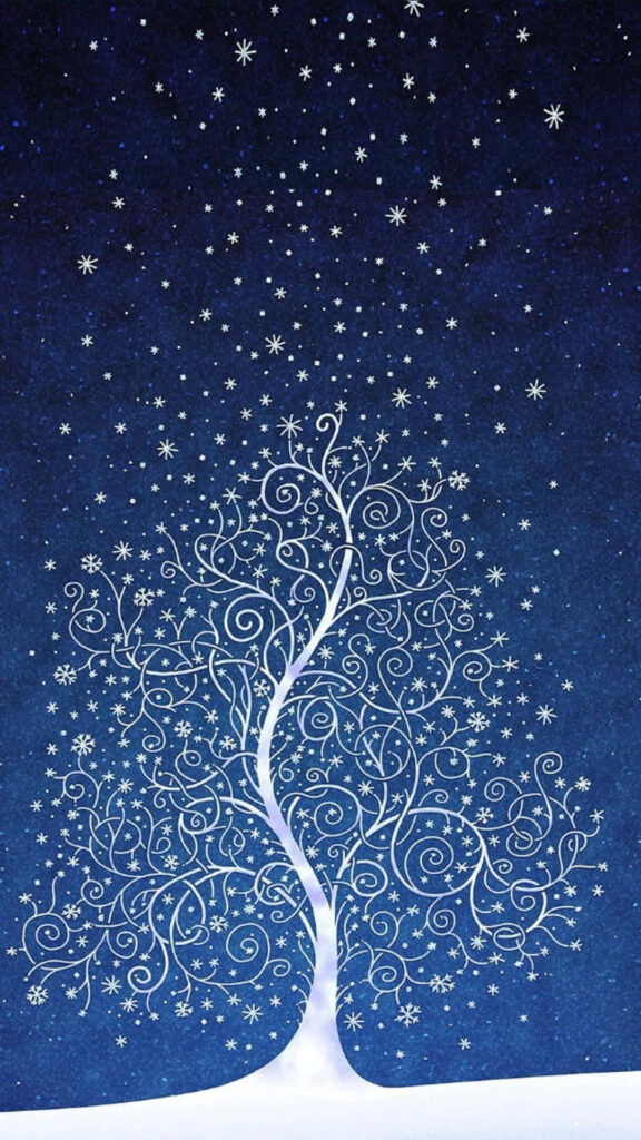 Whimsical White Tree Wallpaper: Starry Night & Snowy Landscape