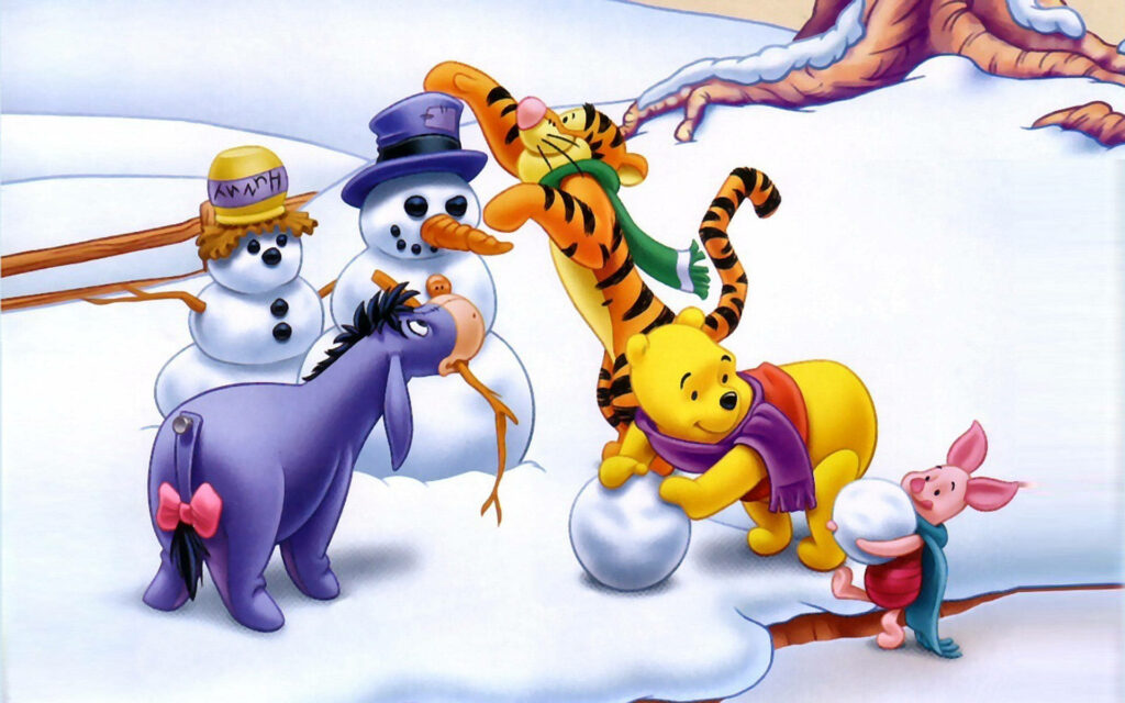 Frosty Fun with Disney's Winnie The Pooh and Friends: A Snowman-Building Adventure in Wallpaper Form