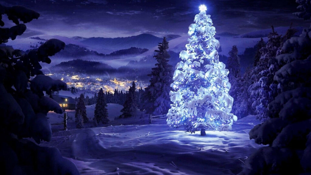 Enchanting Winter Wonderland: Illuminated Christmas Tree in Snow Wallpaper