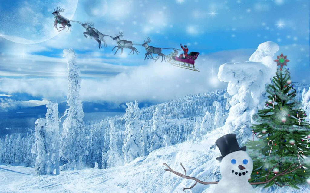Magical Winter Wonderland: Santa's Sleigh & Cheerful Snowman Scene Wallpaper