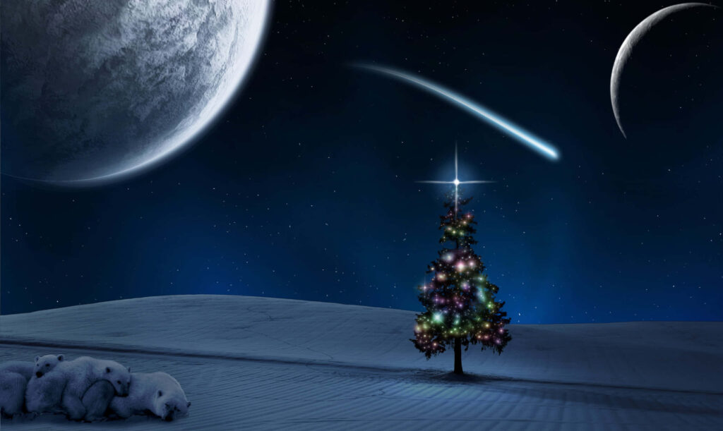 Magical Winter Wallpaper: Christmas Tree & Cosmic Night Sky