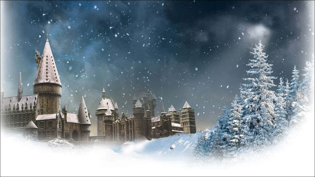 Enchanting Winter Scene: Snowy Castle & Starry Night Background Wallpaper