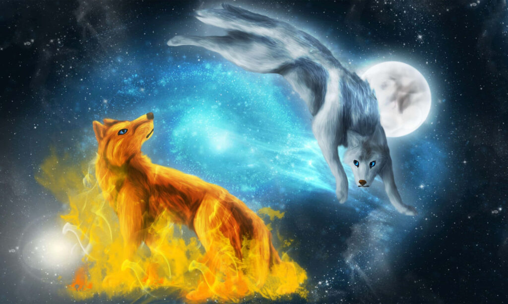 Mystical Wolves Under Cosmic Sky - Ethereal Wallpaper Background