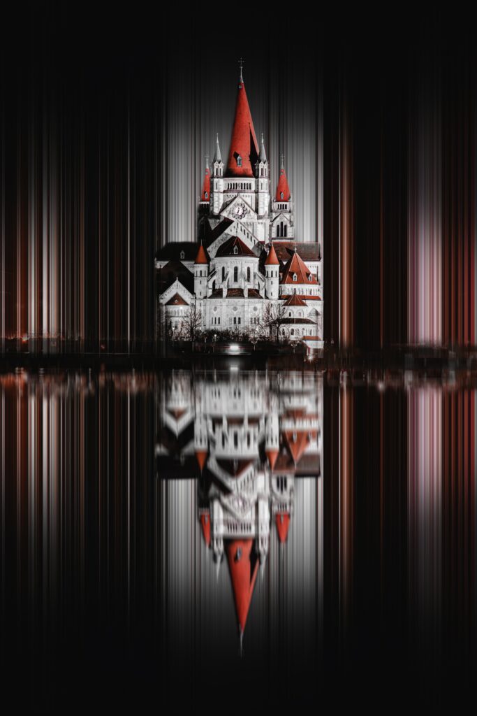 Magnificent Castle Wallpaper: Red-Roofed Towers & Artistic Reflection