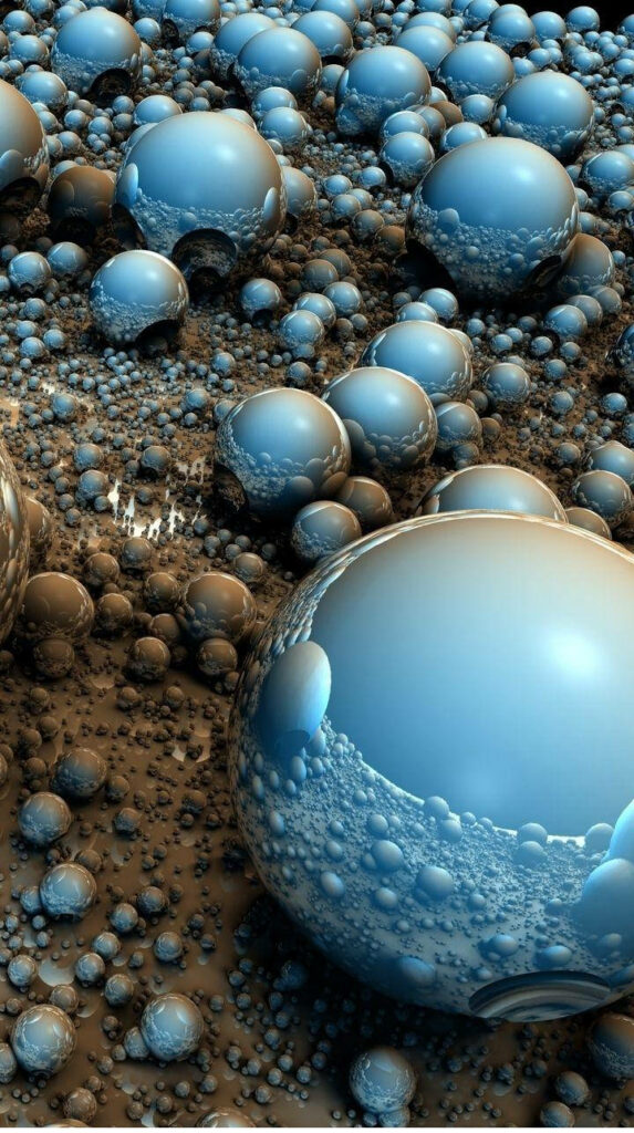 Reflective Wonders: A Dynamic Abstract Mobile Wallpaper with Vibrant Blue and Black Spheres